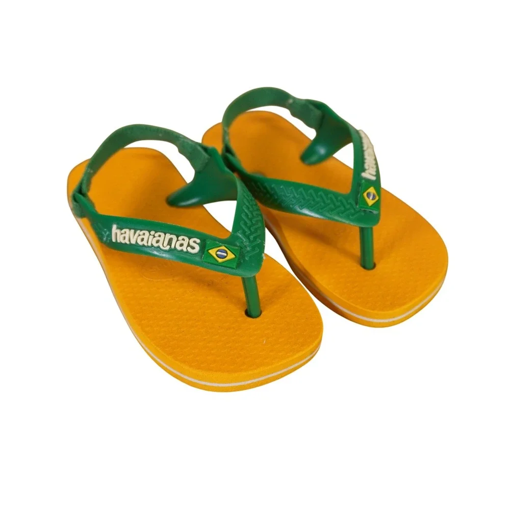 Havaianas Flip Flops Kids 6C Yellow Green Brasil Logo Elastic Backstrap Sandals
